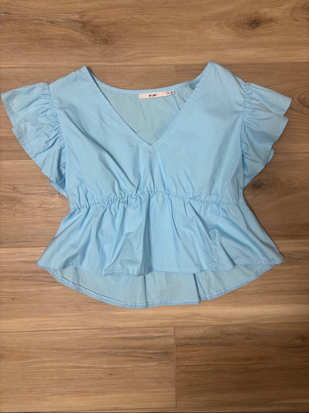 miami Light Blue V-Neck Peplum Flutter Sleeve Top